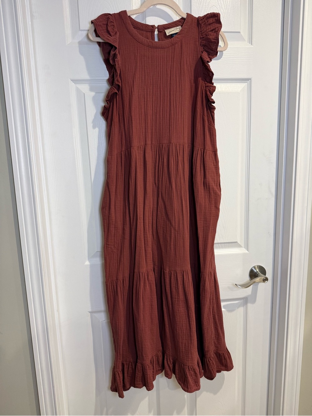Ruffle-Sleeve Gauze Maxi Dress in Rust